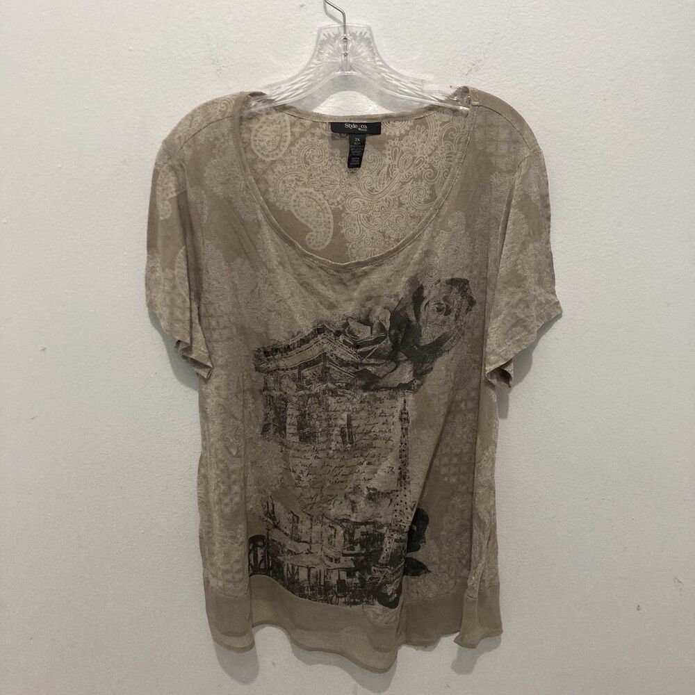 Style & Co Tan Gray Embellished Sublimation Scoop Neck Light Weight Knit Top 2X